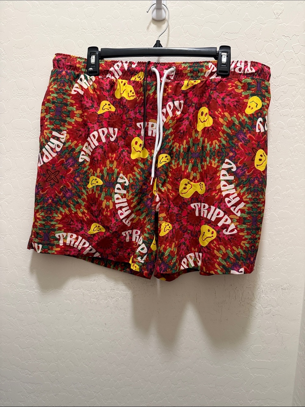 Trippy Red Tie-Dye Smile Print Swim Trunks